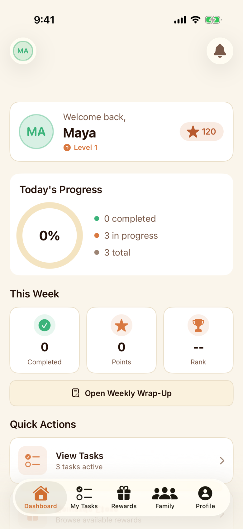 A child dashboard showing today's chores, progress and points